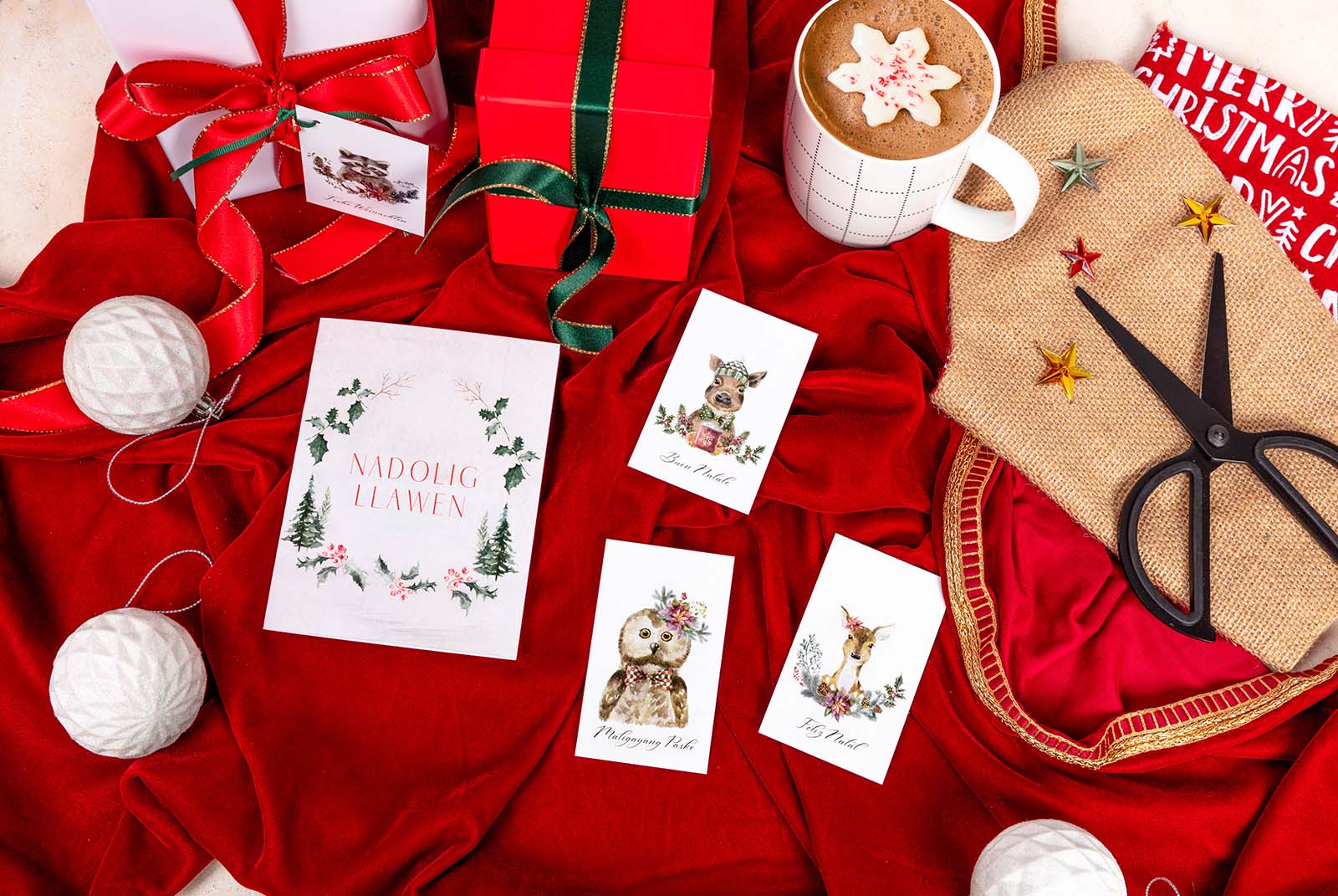 Christmas Card Product Photography for a Stationary Brand. Festive Flatlays Styled by Megzie Makes