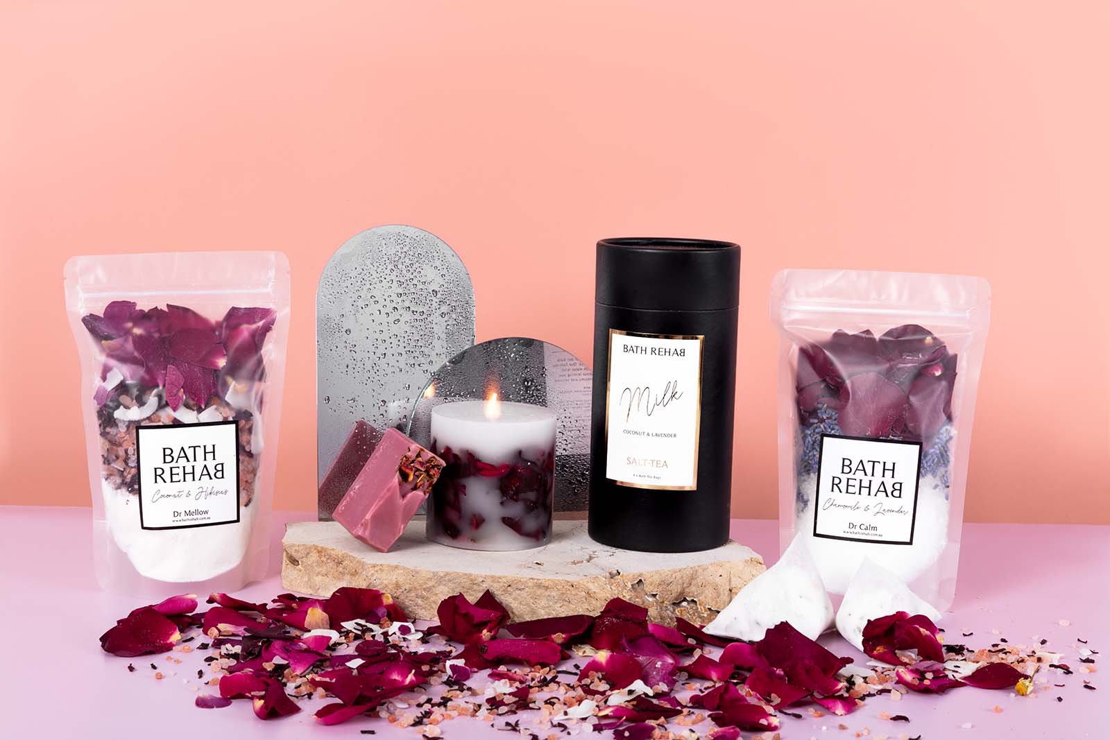 Creative Styled Images for a Bath Soak Brand Bath Rehab. Styled Product Photography by Megzie Makes