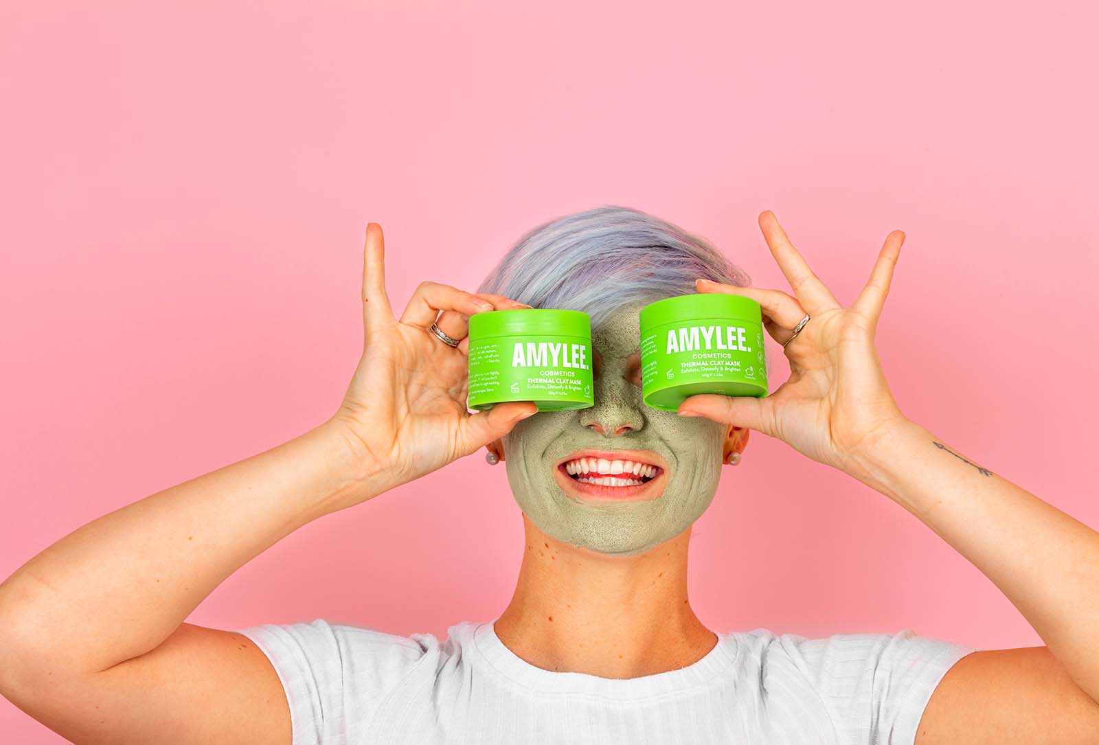 Bright Pink lifestyle product photos for a clay mask brand. Styled product photos by Megzie Makes