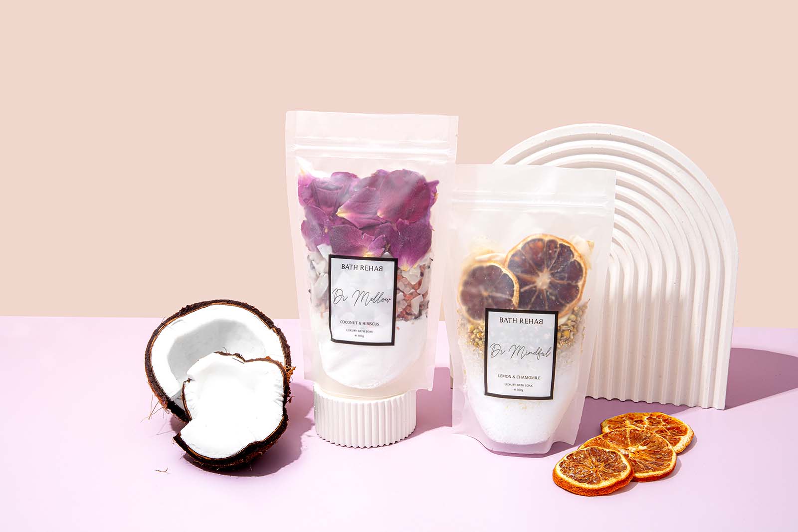 Clean Aesthetic product photos for bath soak brand bath rehab. Styled Product Stills by Colourpop Studio 