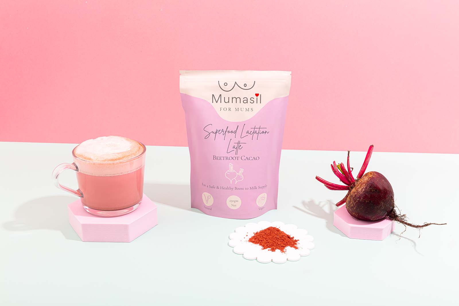 Colourful Product Stills for Lactation Brand Mumasil. Bright product photos with fresh food by colourpop studio. 