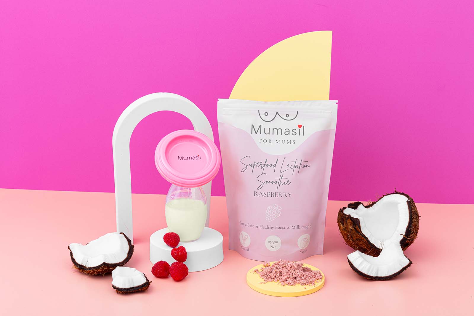 Colourful Product Stills for Lactation Brand Mumasil. Bright product photos by colourpop studio. 