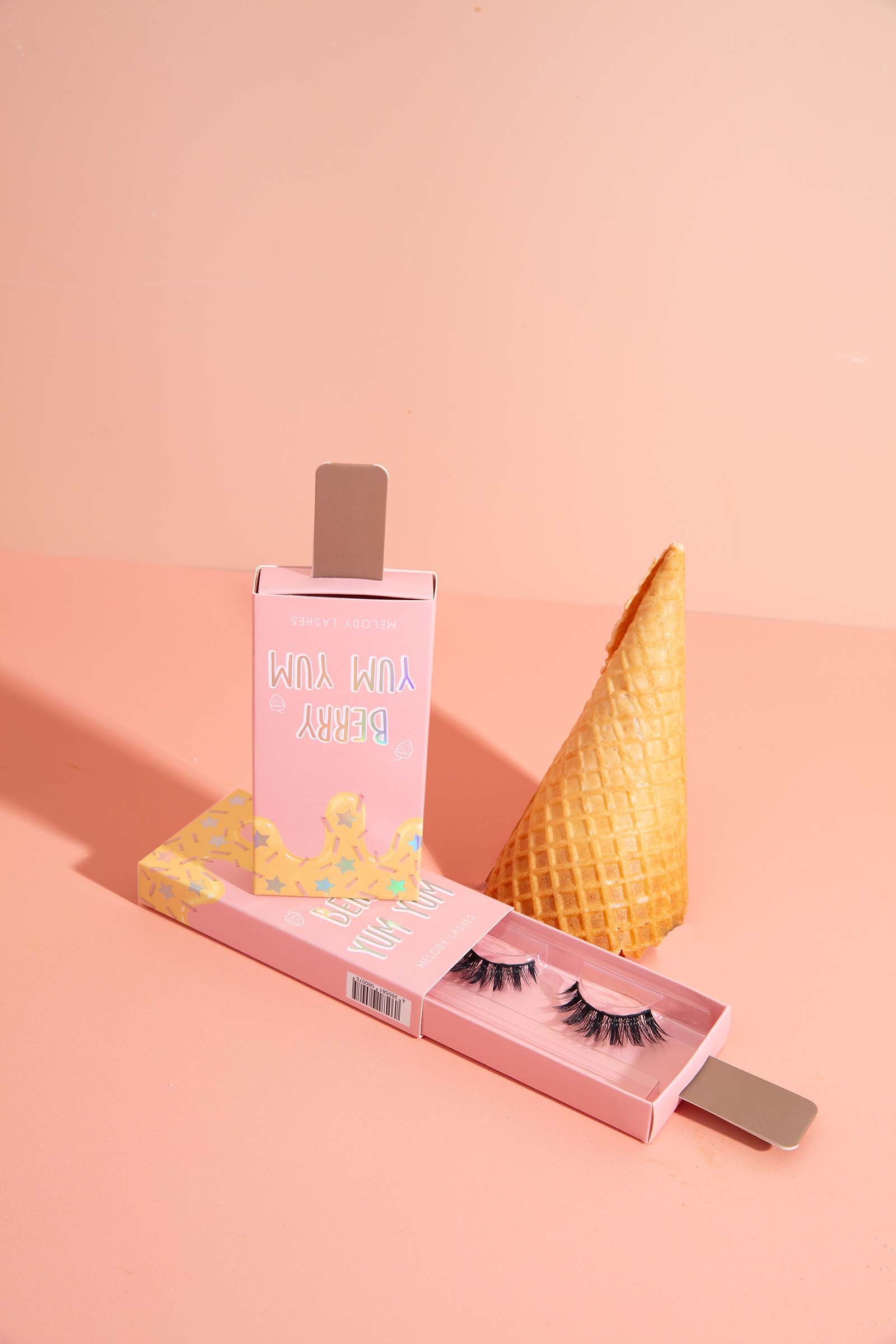 Minimal Product Photography for a False Lash Brand. Styled Product Stills by Colourpop Studio. Minimal Summer Styled Product Photos. Cute summer Product Photo with Ice cream cone. 