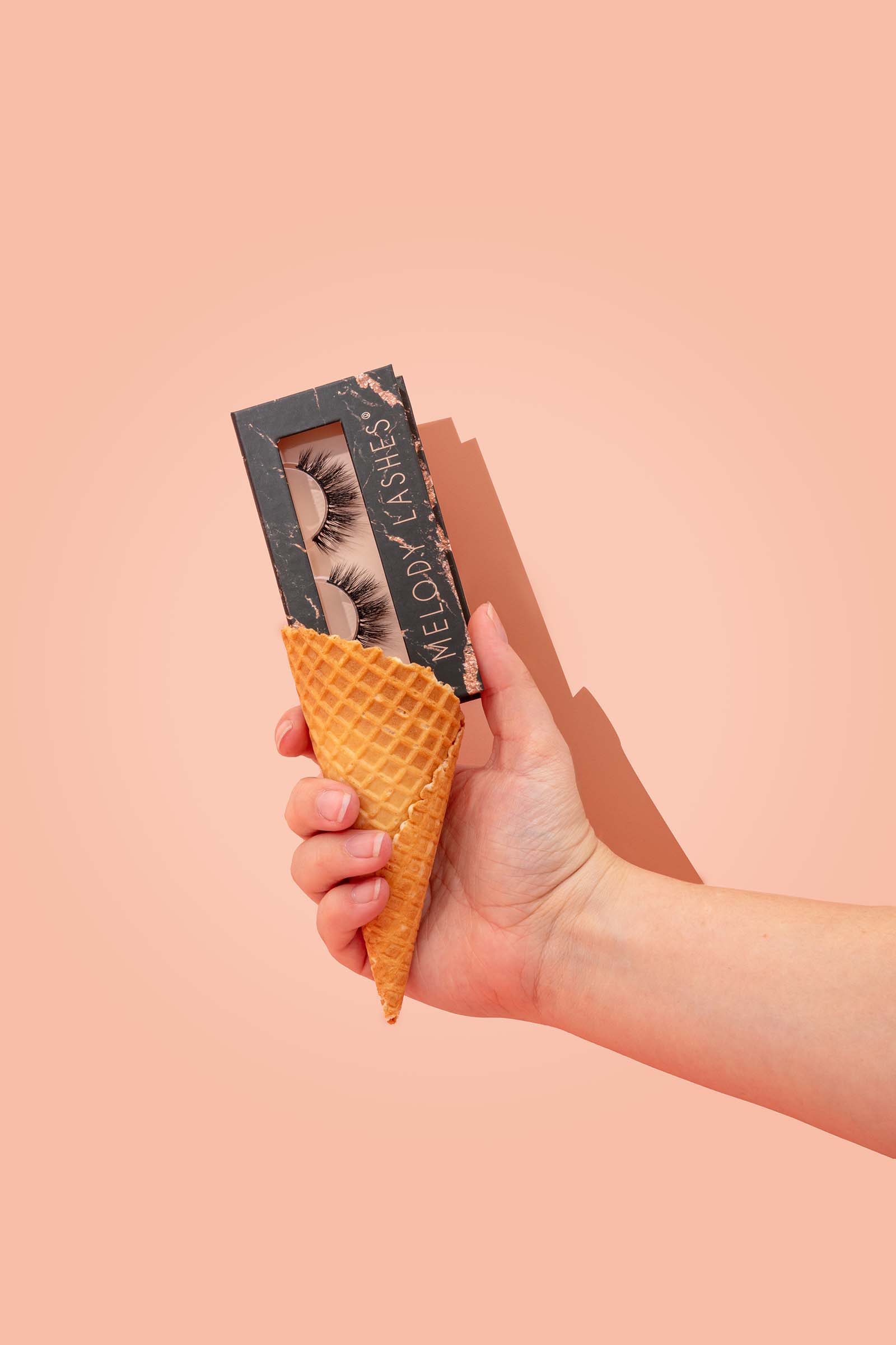 Minimal Product Photography for a False Lash Brand. Styled Product Stills by Colourpop Studio. Minimal Summer Styled Product Photos. Lashes in an Icecream Cone