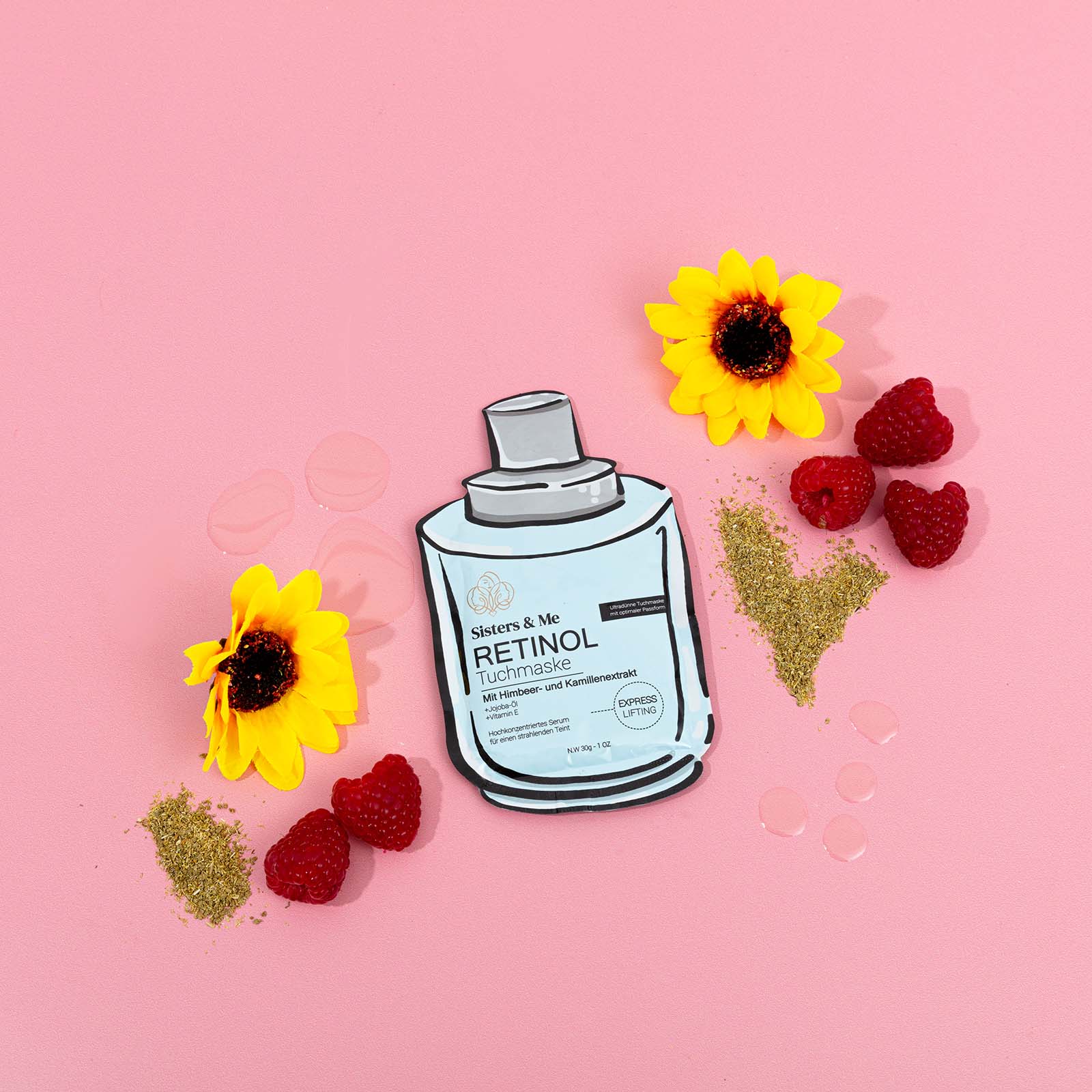 cute pink product photos for face mask brand sisters and me. Styled product stills by colourpop studio