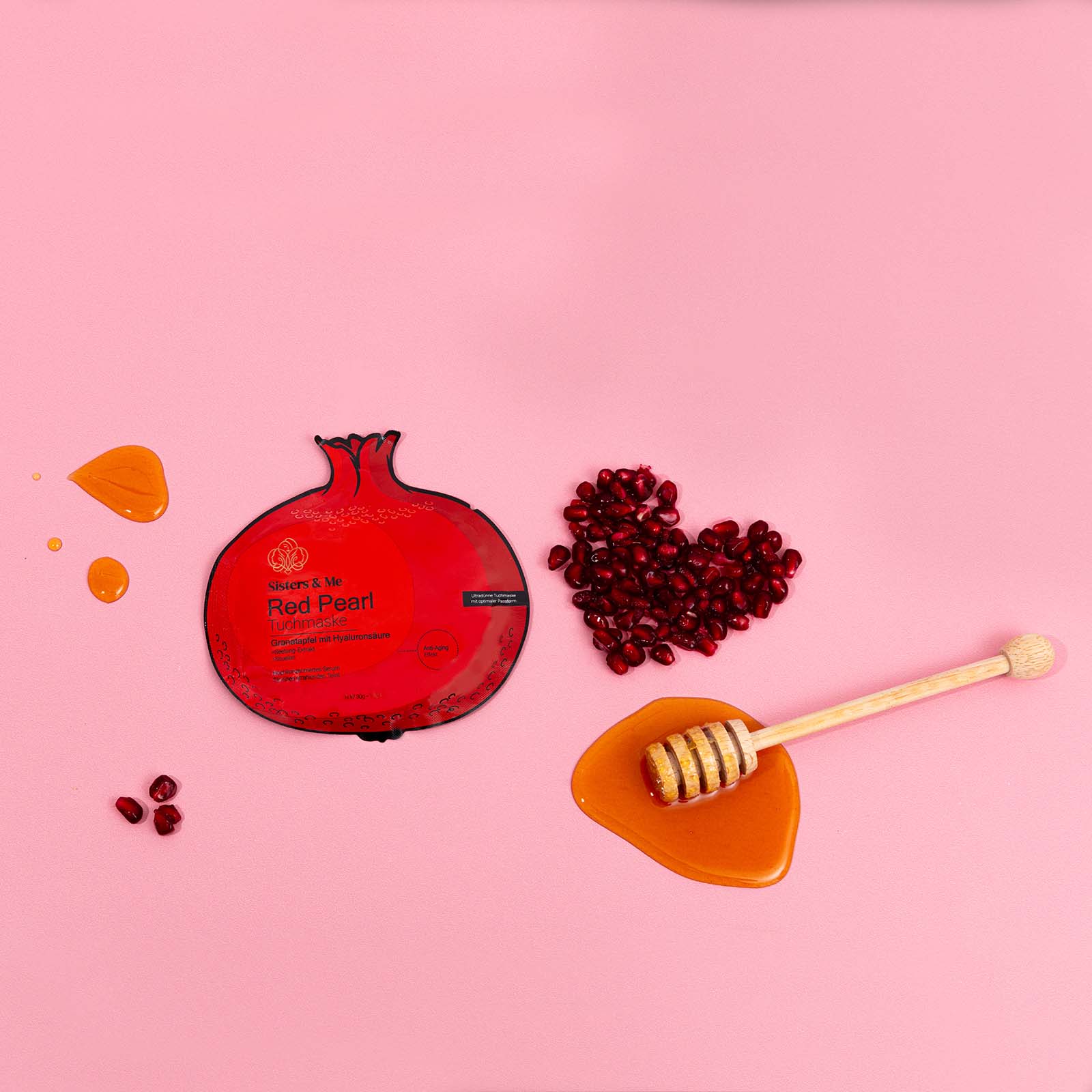 cute pink product photos with ingredient pomegranate for face mask brand sisters and me. Styled product stills by colourpop studio