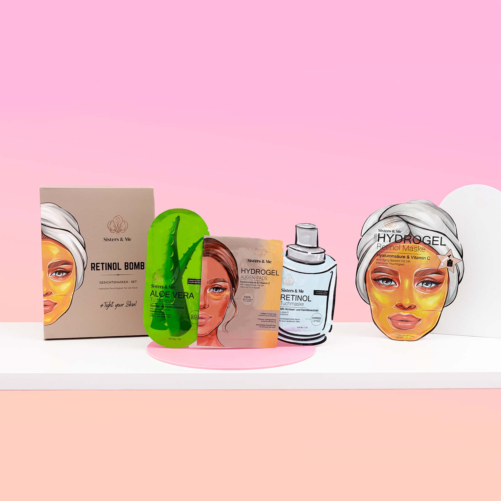 cute pink shelfie product photos for face mask brand sisters and me. Styled product stills by colourpop studio