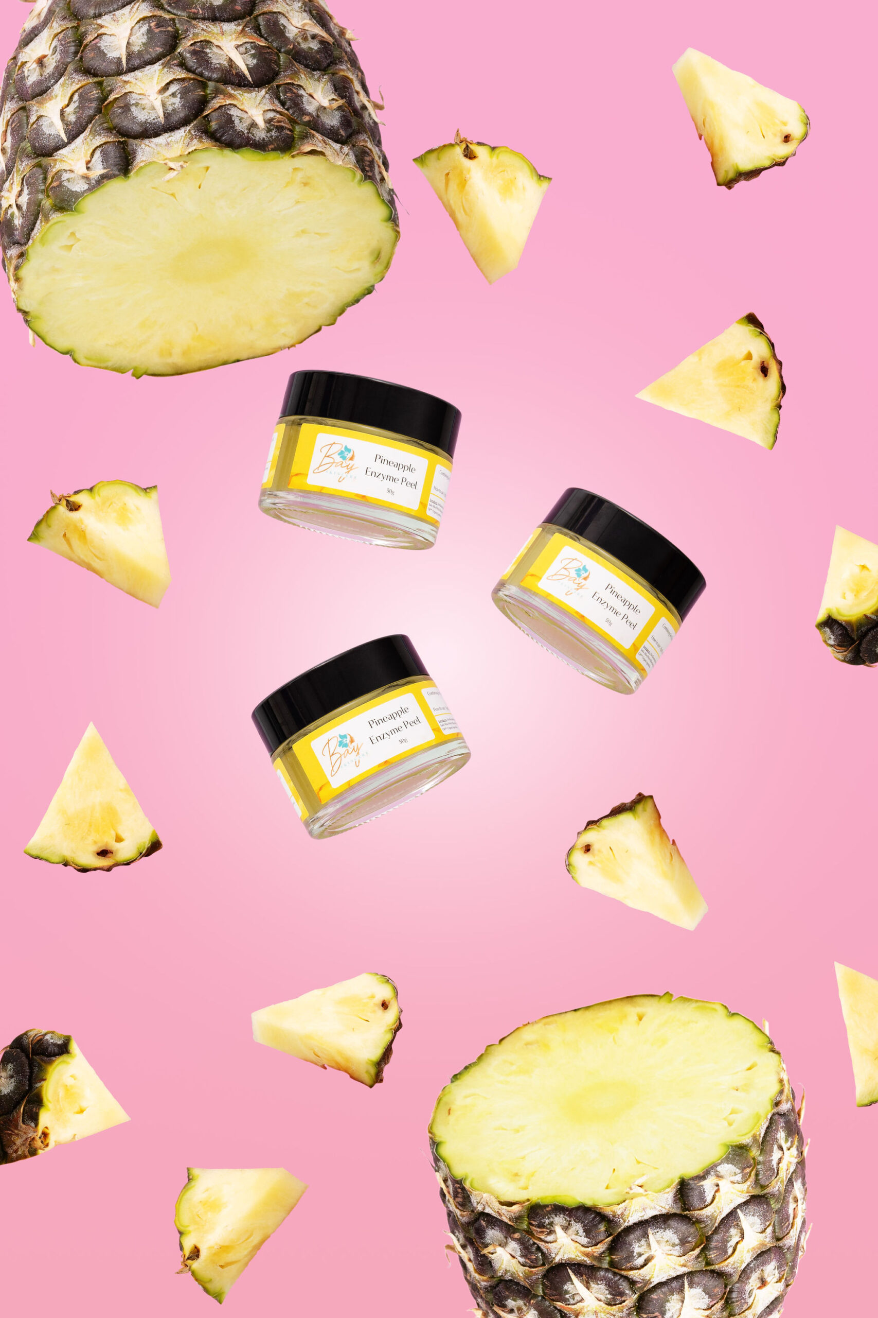 Fruity and Colourful Floating Skincare Product Photography. Pineapple Product Shot. Shot and Styled by Colourpop Studio 